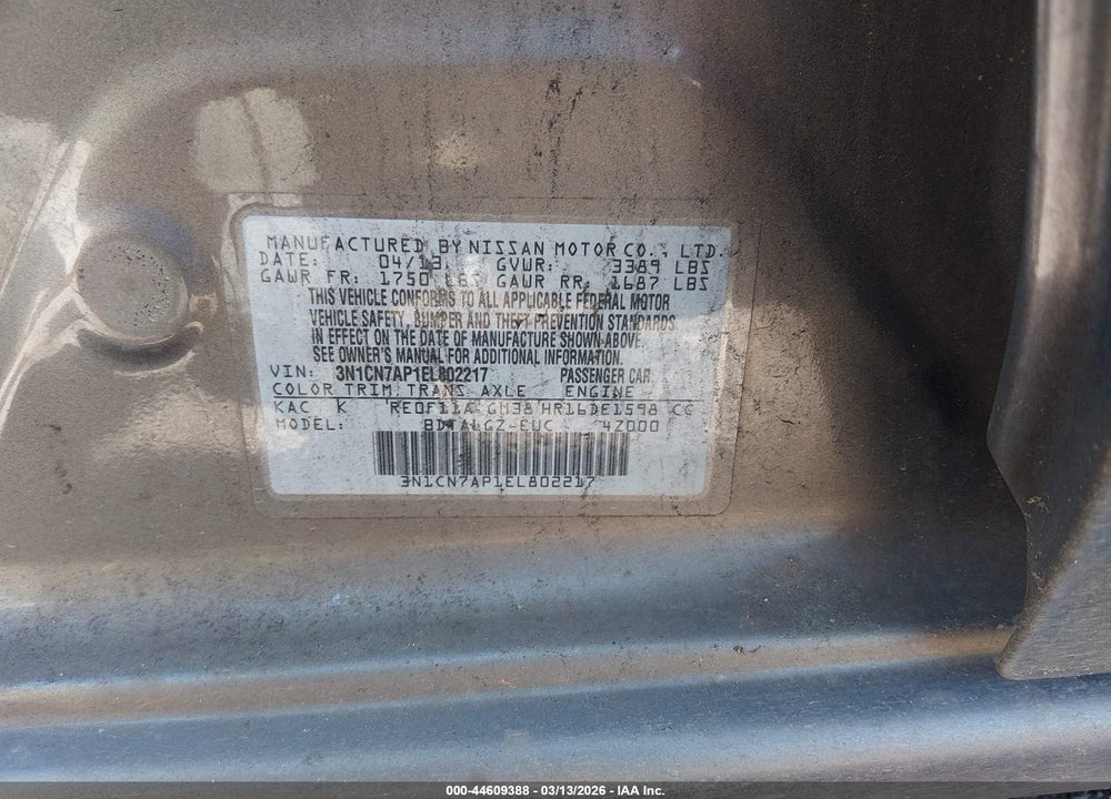 2014 NISSAN VERSA 1.6 SL VIN: 3N1CN7AP1EL802217