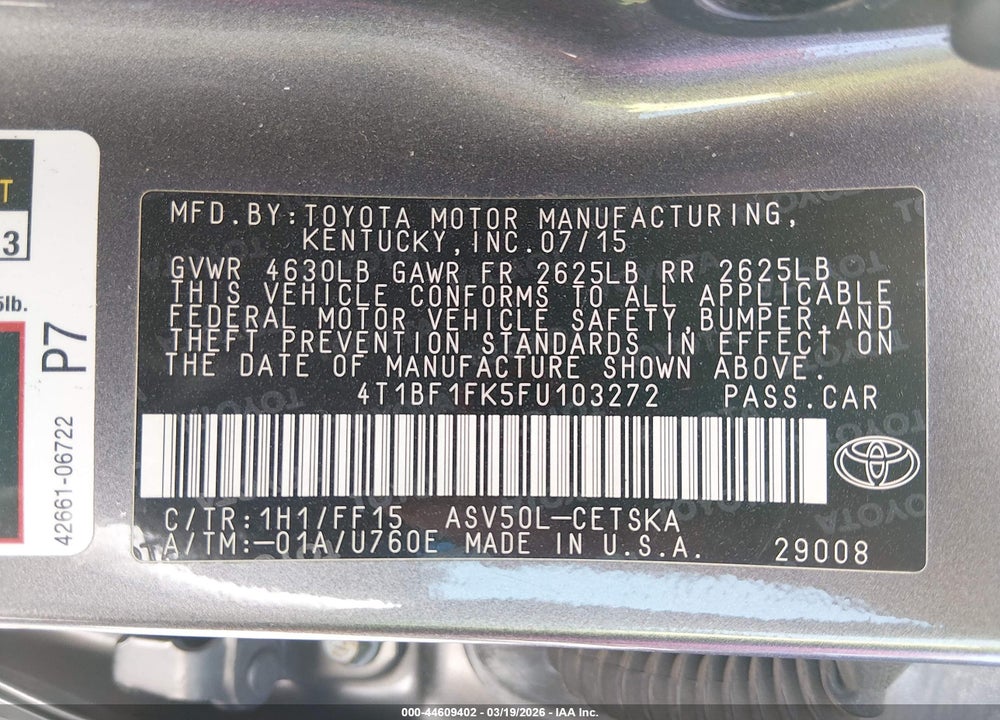 2015 TOYOTA CAMRY SE VIN: 4T1BF1FK5FU103272