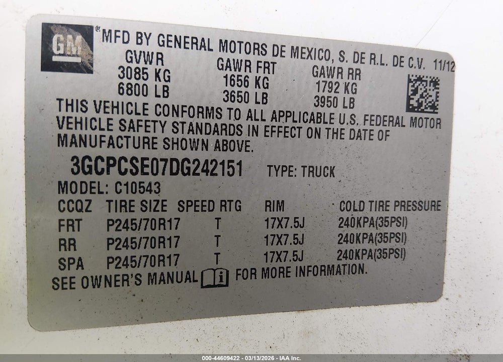 2013 CHEVROLET SILVERADO 1500 LT VIN: 3GCPCSE07DG242151