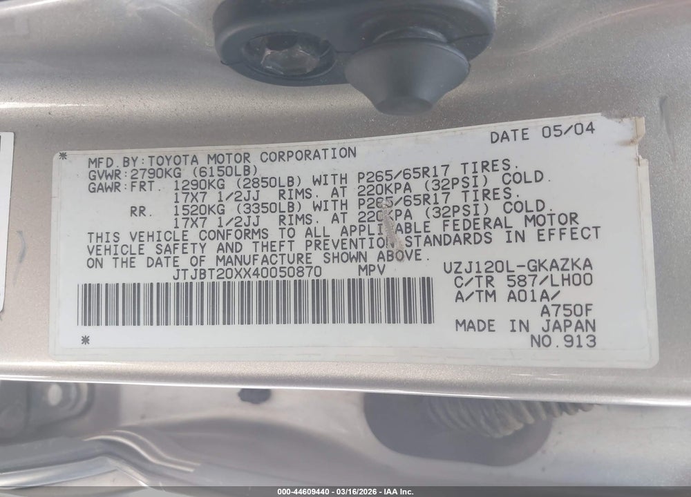 2004 LEXUS GX 470 VIN: JTJBT20XX40050870