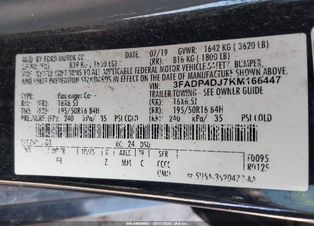 2019 FORD FIESTA ST LINE VIN: 3FADP4DJ7KM166447