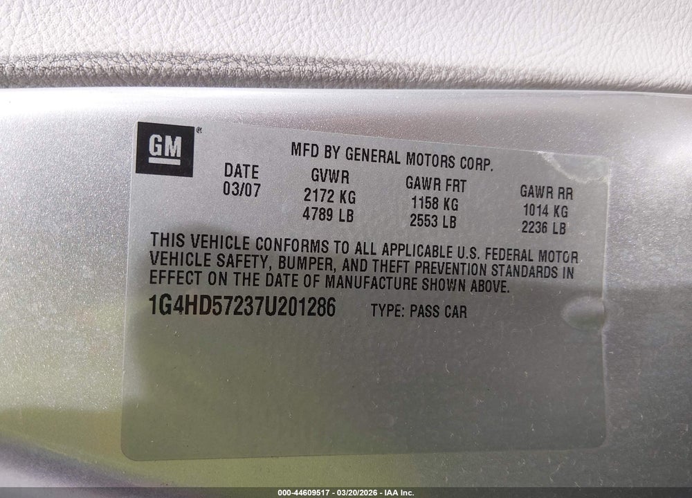 2007 BUICK LUCERNE CXL VIN: 1G4HD57237U201286