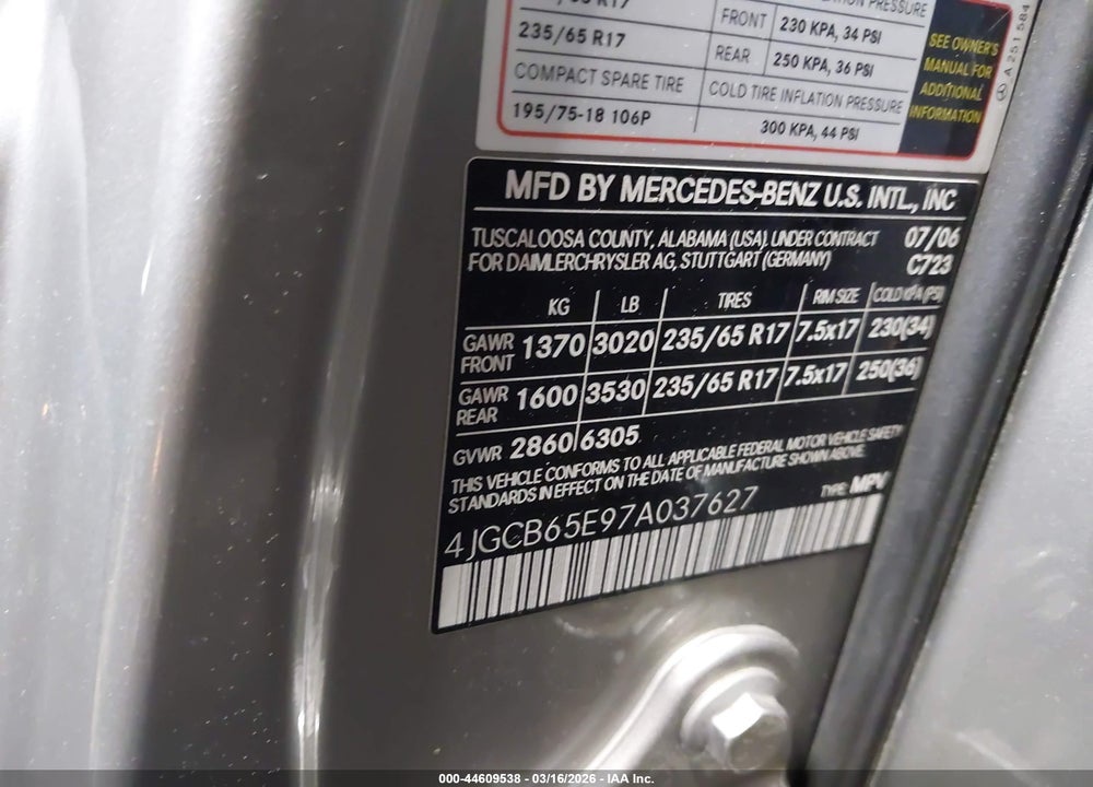 2007 MERCEDES-BENZ R 350 4MATIC VIN: 4JGCB65E97A037627