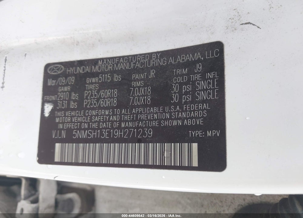 2009 HYUNDAI SANTA FE LIMITED VIN: 5NMSH13E19H271239