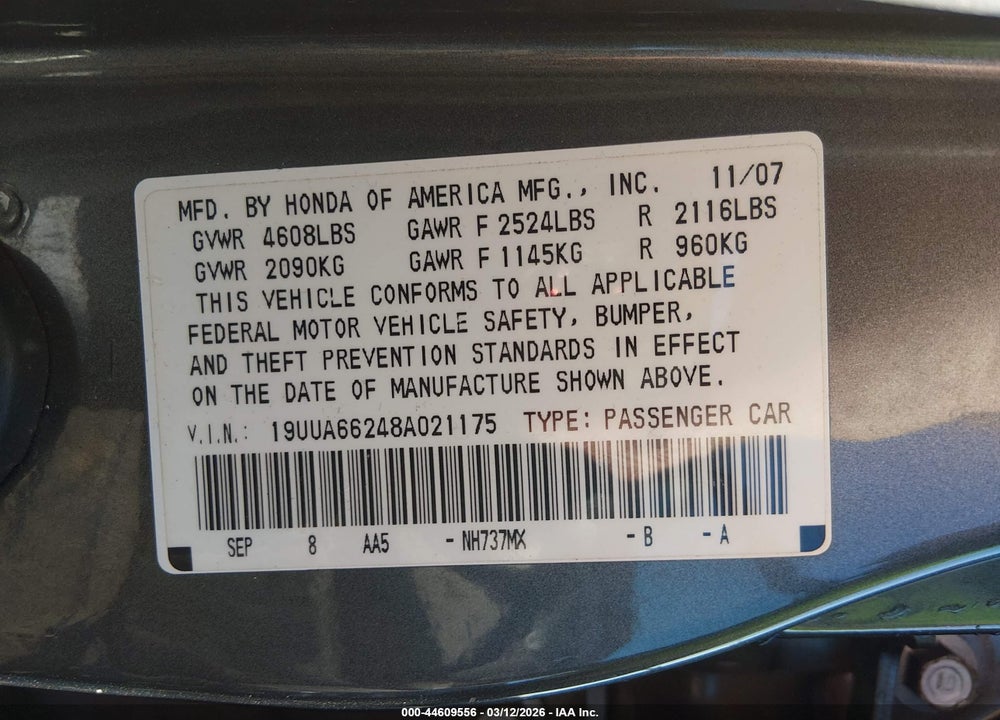 2008 ACURA TL 3.2 VIN: 19UUA66248A021175