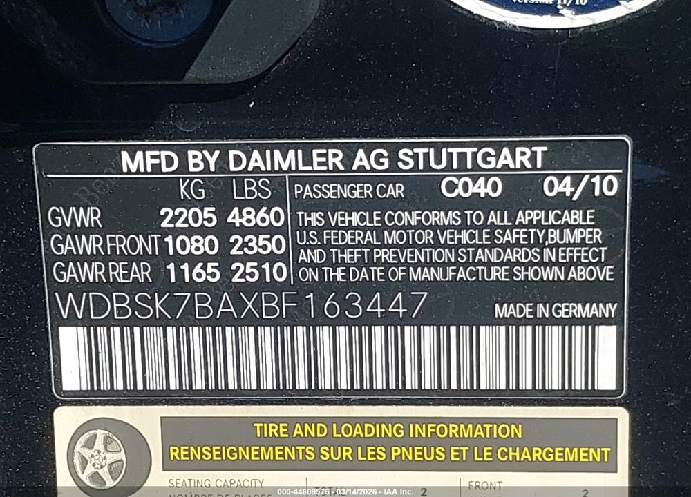 2011 MERCEDES-BENZ SL 550 VIN: WDBSK7BAXBF163447