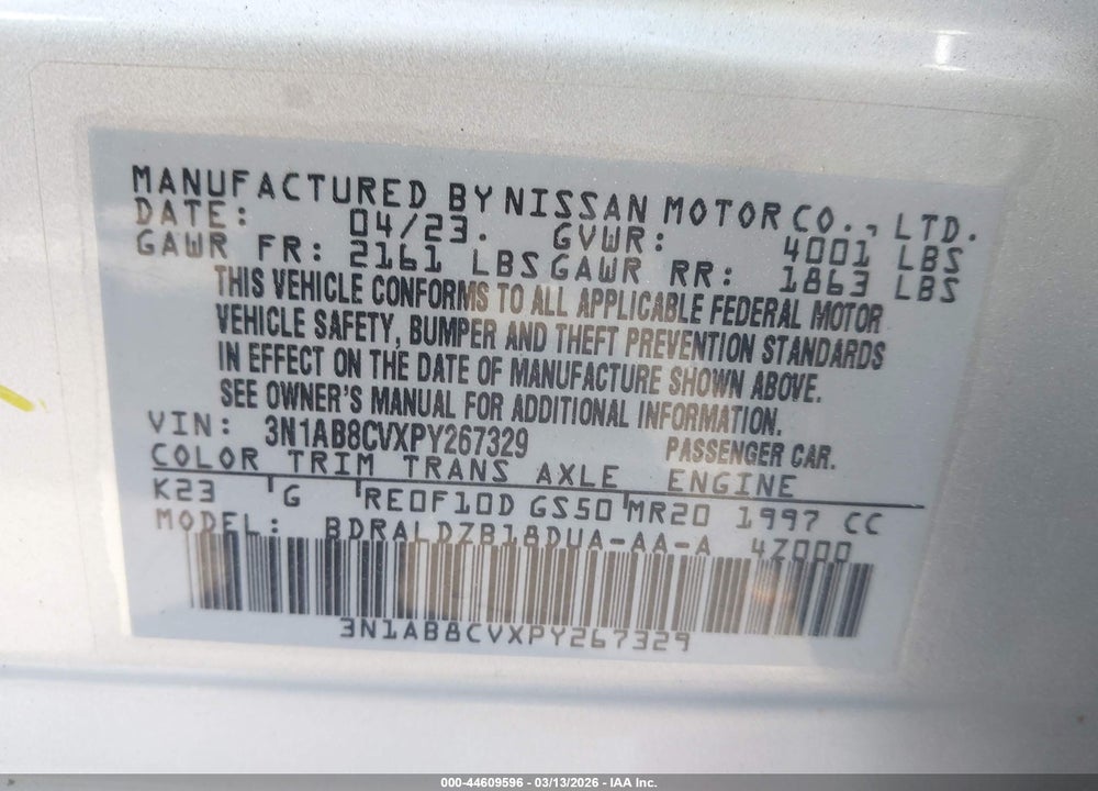 2023 NISSAN SENTRA SV XTRONIC CVT VIN: 3N1AB8CVXPY267329