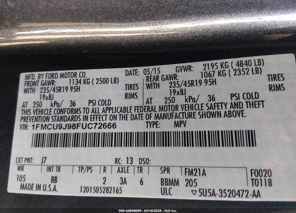 2015 FORD ESCAPE TITANIUM VIN: 1FMCU9J98FUC72666