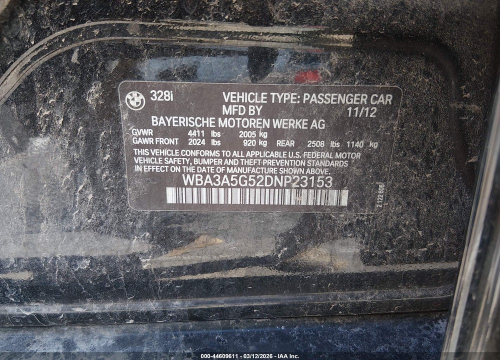 2013 BMW 328I VIN: WBA3A5G52DNP23153