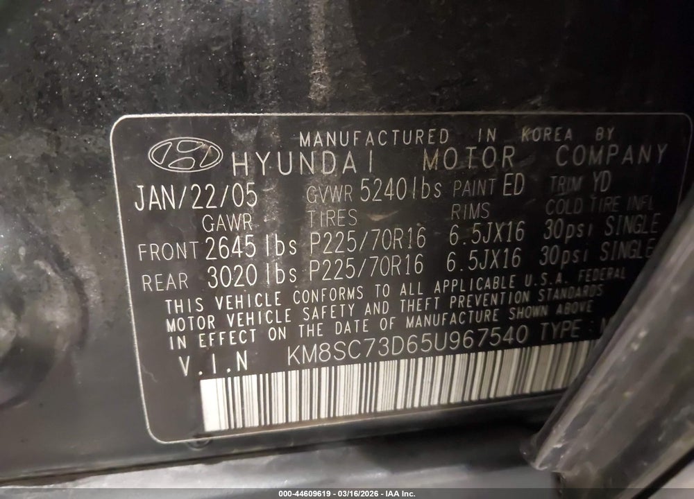 2005 HYUNDAI SANTA FE GLS VIN: KM8SC73D65U967540