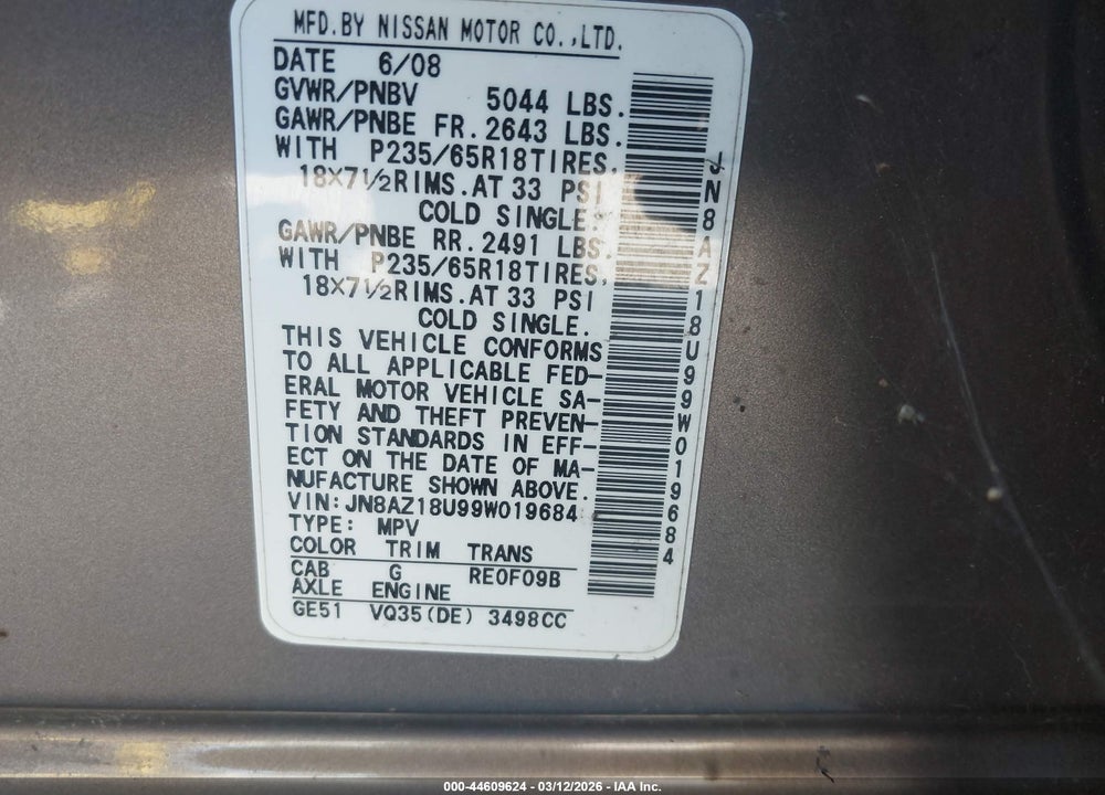 2009 NISSAN MURANO S VIN: JN8AZ18U99W019684