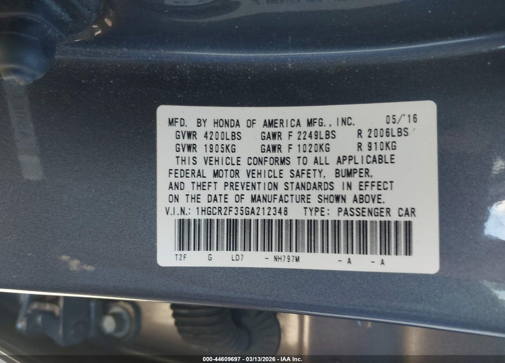 2016 HONDA ACCORD LX VIN: 1HGCR2F35GA212348