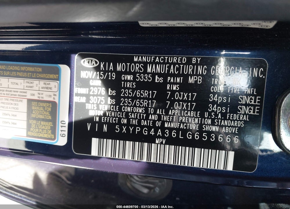2020 KIA SORENTO 2.4L LX VIN: 5XYPG4A36LG653666