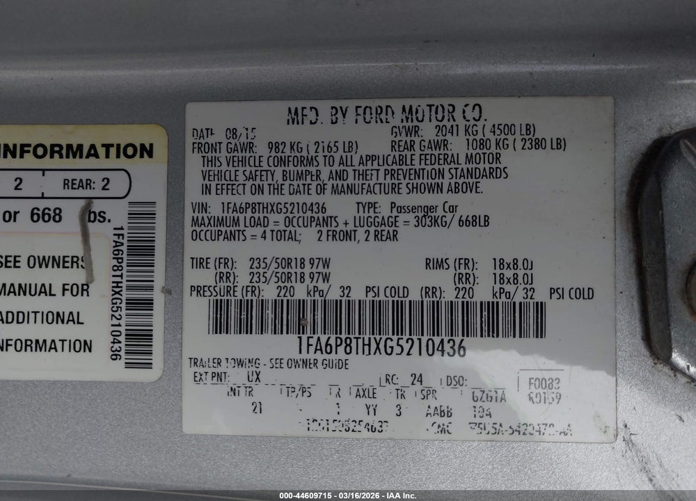 2016 FORD MUSTANG ECOBOOST VIN: 1FA6P8THXG5210436