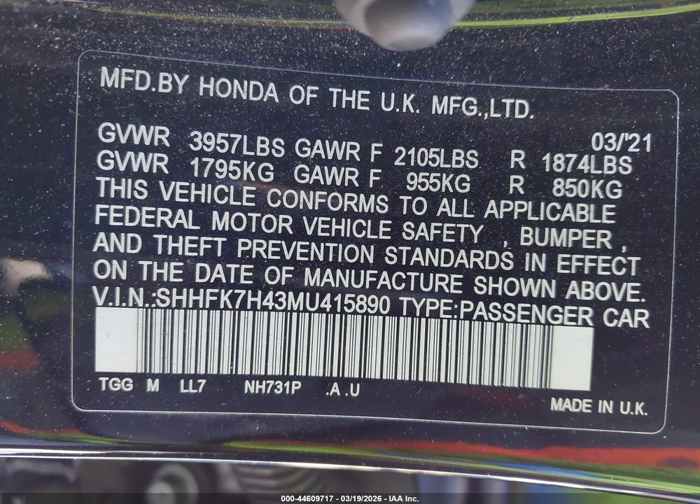 2021 HONDA CIVIC SPORT VIN: SHHFK7H43MU415890