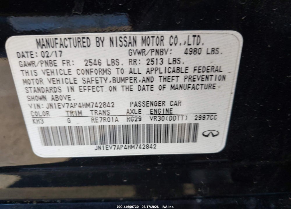 2017 INFINITI Q50 3.0T PREMIUM VIN: JN1EV7AP4HM742842