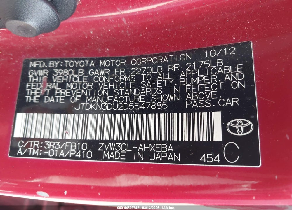 2013 TOYOTA PRIUS THREE VIN: JTDKN3DU2D5547885