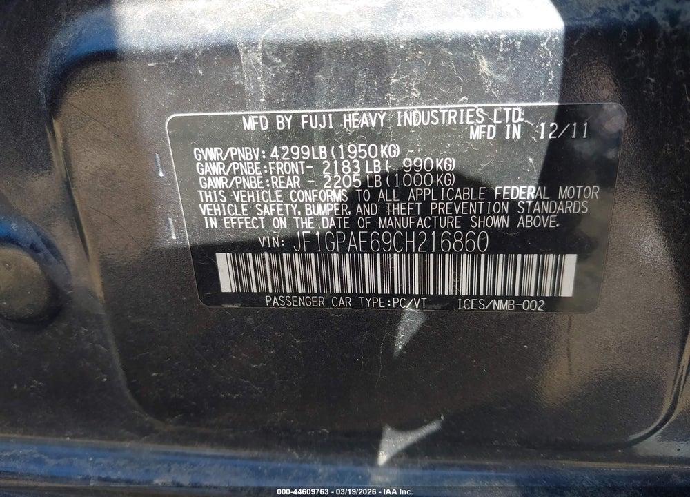 2012 SUBARU IMPREZA 2.0I PREMIUM VIN: JF1GPAE69CH216860