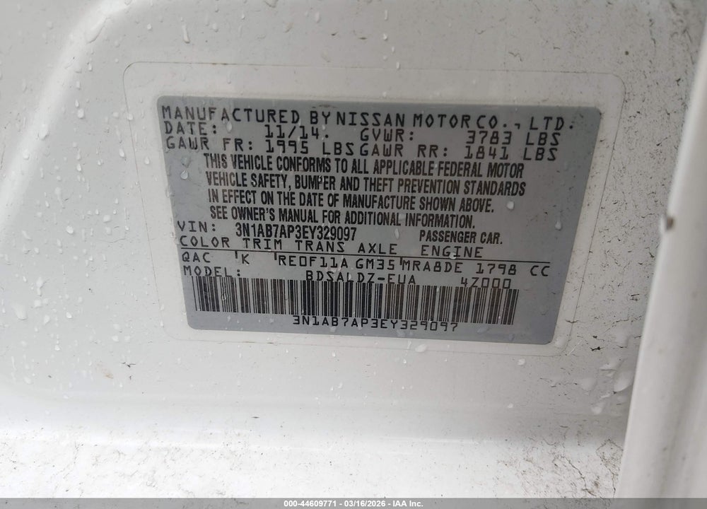2014 NISSAN SENTRA SV VIN: 3N1AB7AP3EY329097
