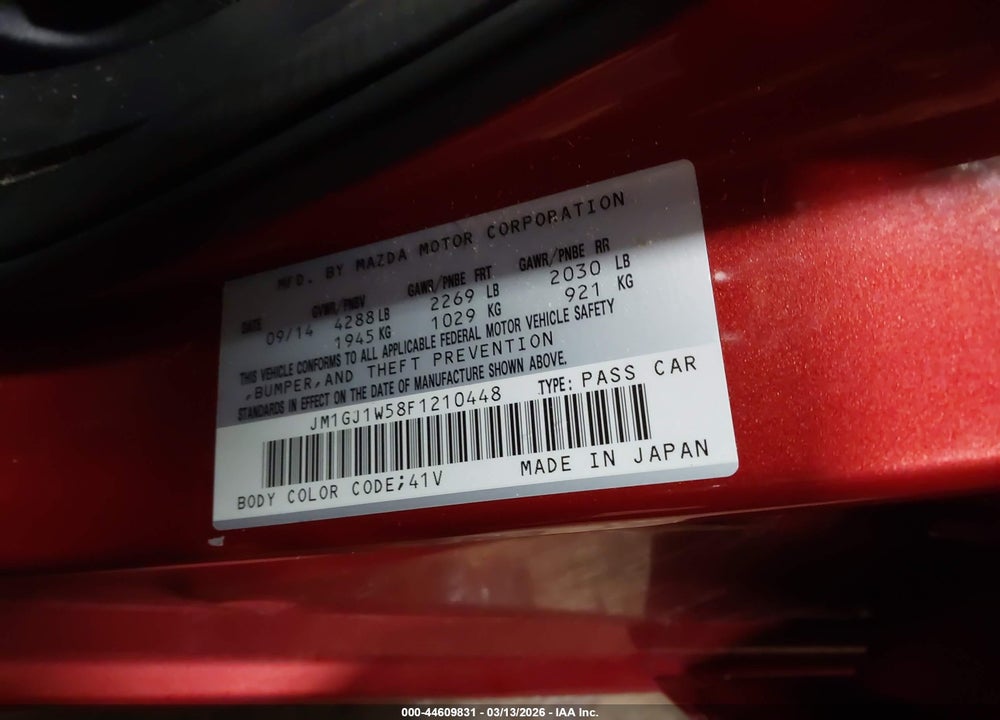 2015 MAZDA 6 I GRAND TOURING VIN: JM1GJ1W58F1210448