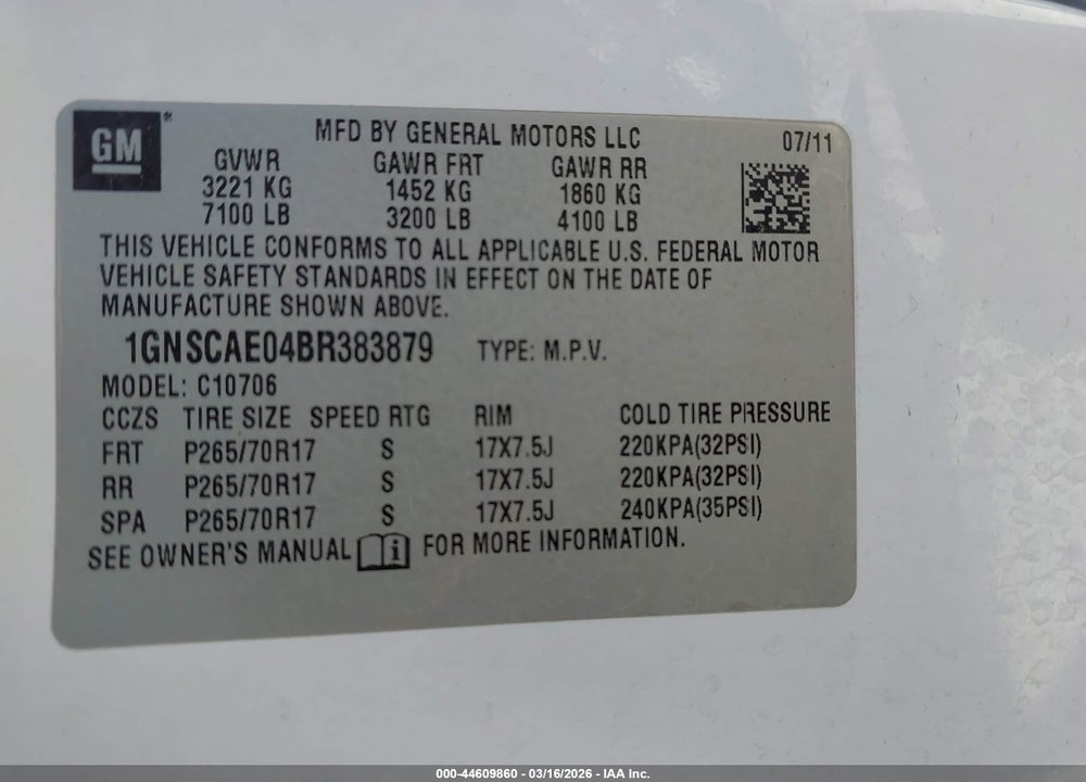 2011 CHEVROLET TAHOE LS VIN: 1GNSCAE04BR383879