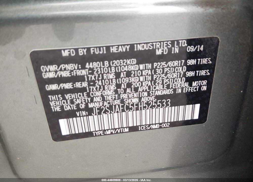 2015 SUBARU FORESTER 2.5I PREMIUM VIN: JF2SJAFC5FH525533