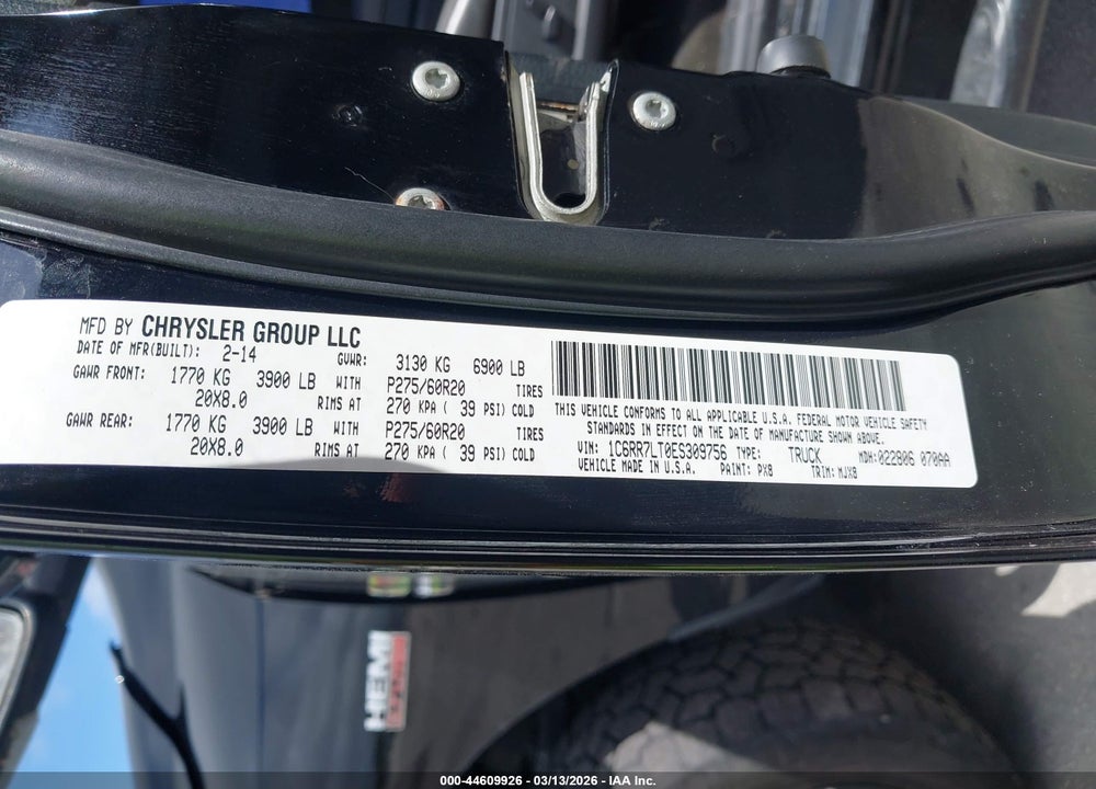 2014 RAM 1500 BIG HORN VIN: 1C6RR7LT0ES309756