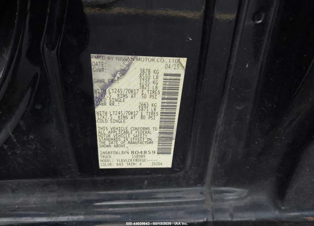 2015 NISSAN NV CARGO NV1500 S V6 VIN: 1N6BF0KL8FN804859