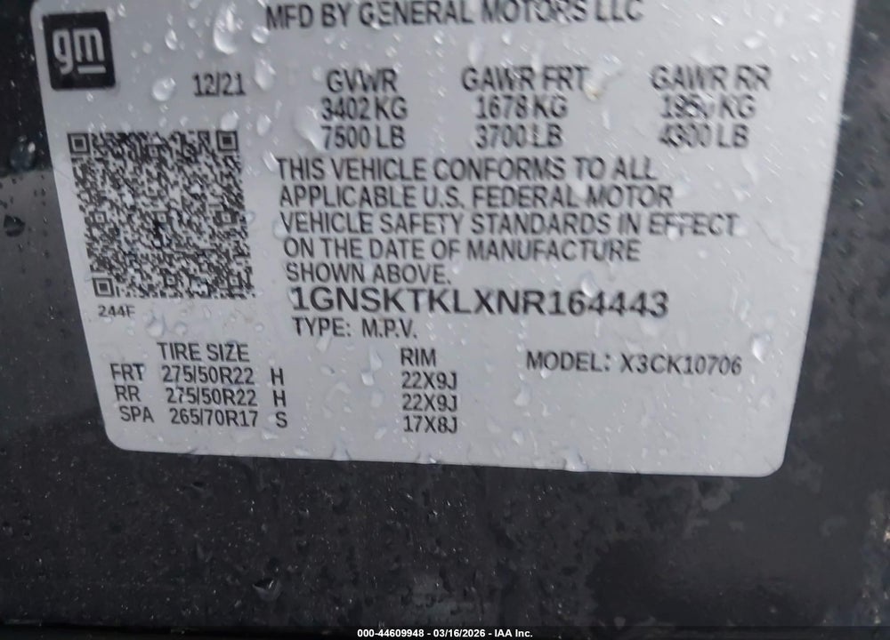 2022 CHEVROLET TAHOE 4WD HIGH COUNTRY VIN: 1GNSKTKLXNR164443