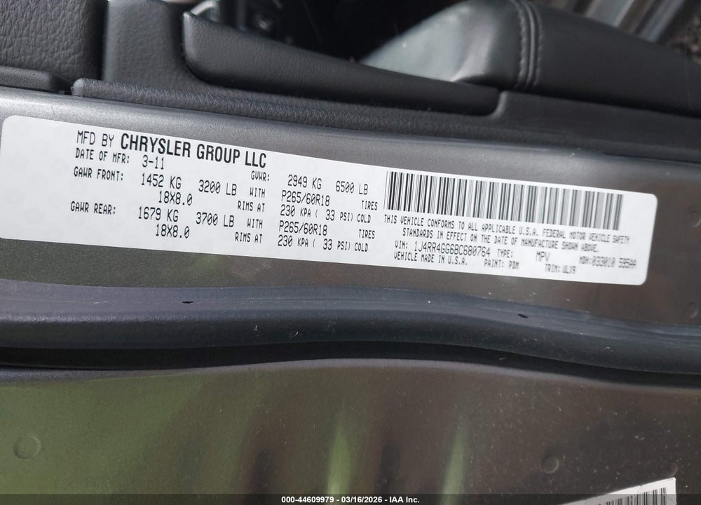 2011 JEEP GRAND CHEROKEE LAREDO VIN: 1J4RR4GG6BC680764