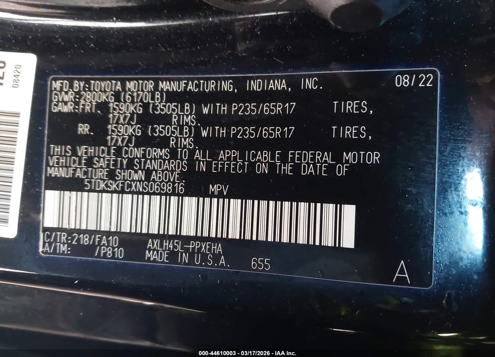 2022 TOYOTA SIENNA LE VIN: 5TDKSKFCXNS069816