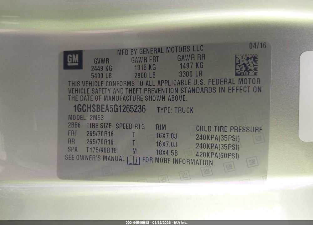 2016 CHEVROLET COLORADO WT VIN: 1GCHSBEA5G1265236