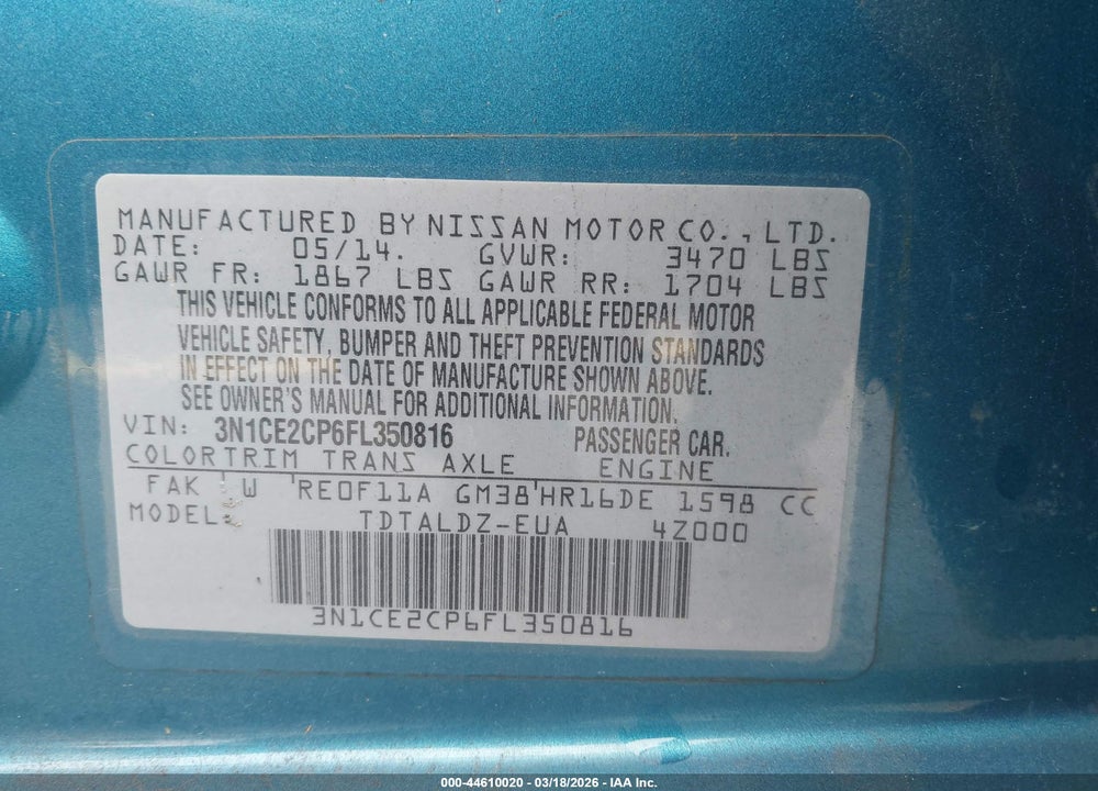 2015 NISSAN VERSA NOTE SV VIN: 3N1CE2CP6FL350816