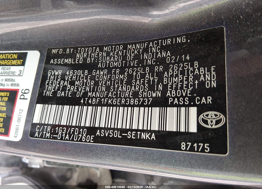 2014 TOYOTA CAMRY LE VIN: 4T4BF1FK6ER386737