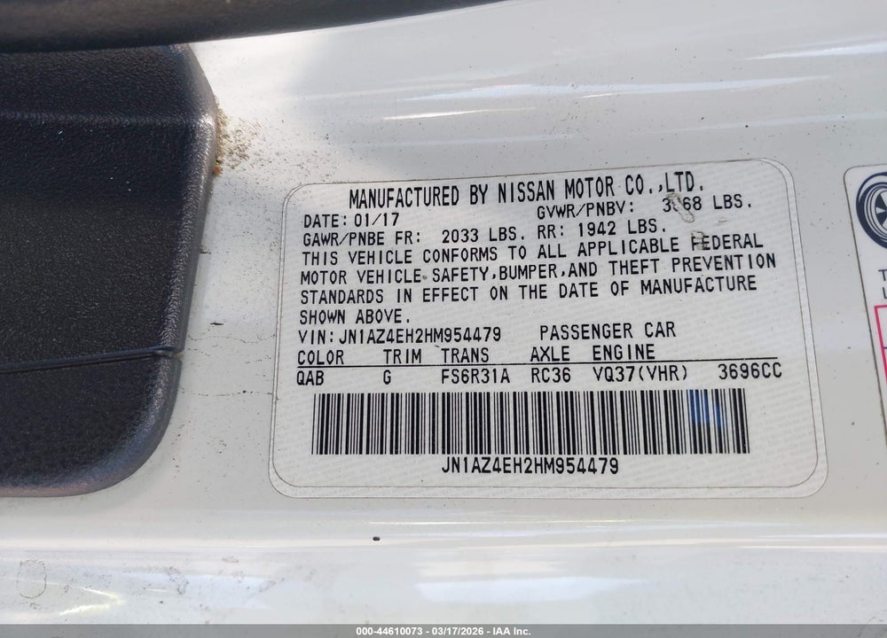 2017 NISSAN 370Z VIN: JN1AZ4EH2HM954479