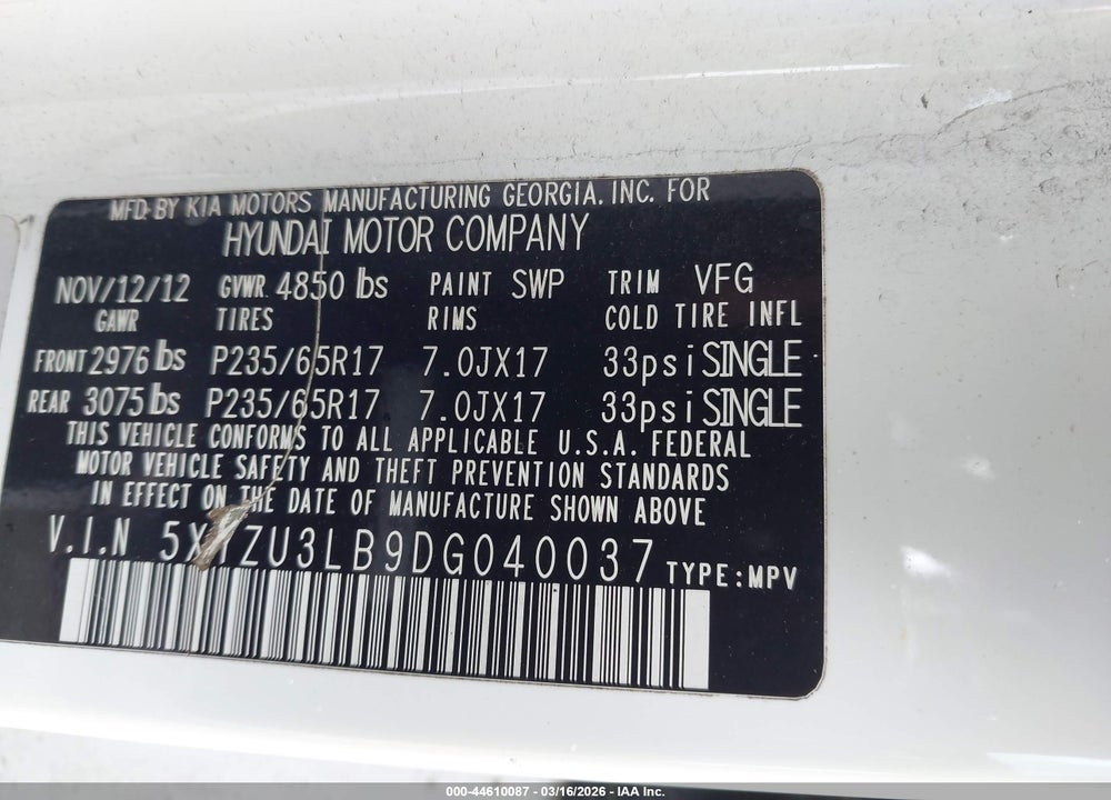 2013 HYUNDAI SANTA FE SPORT VIN: 5XYZU3LB9DG040037