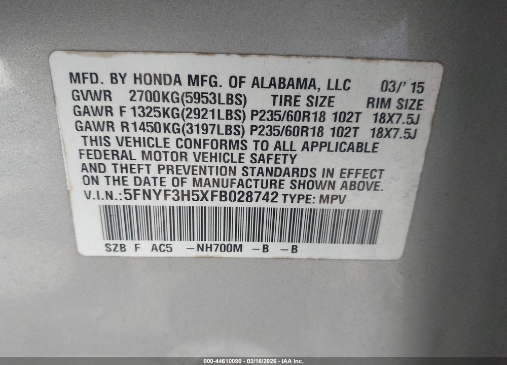 2015 HONDA PILOT EX-L VIN: 5FNYF3H5XFB028742