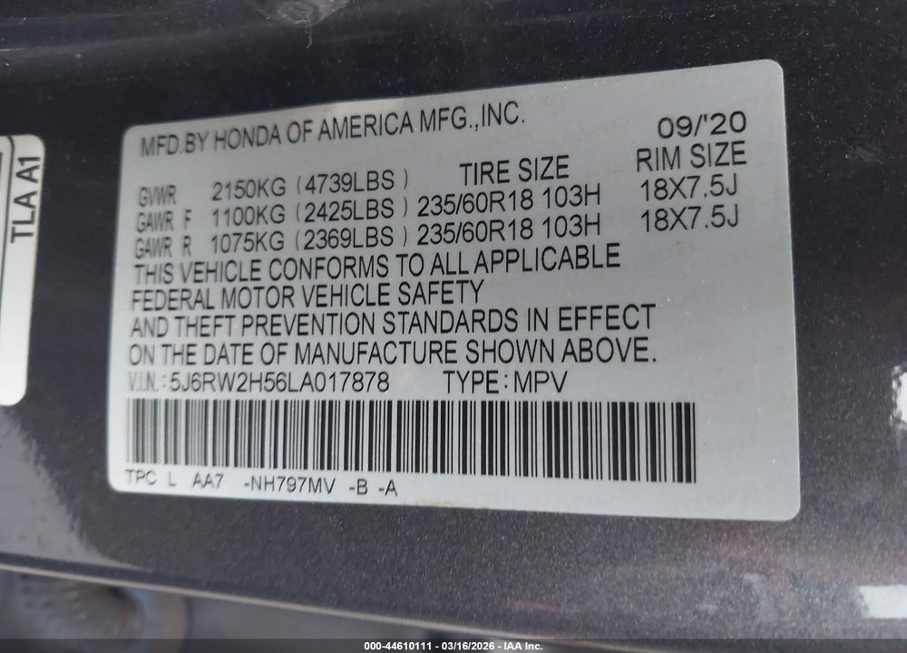 2020 HONDA CR-V AWD EX VIN: 5J6RW2H56LA017878