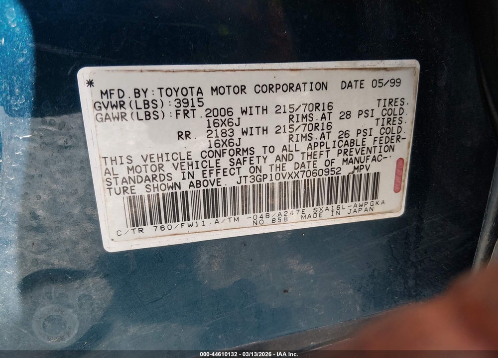 1999 TOYOTA RAV4 VIN: JT3GP10VXX7060952