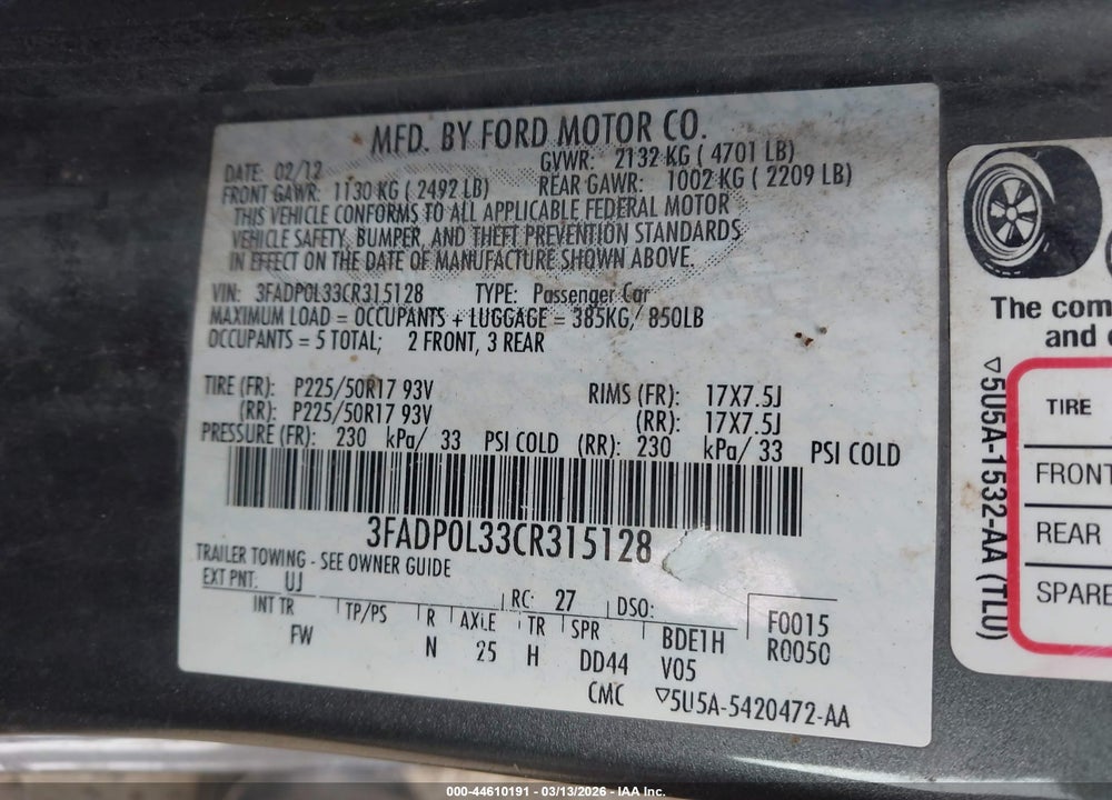 2012 FORD FUSION HYBRID VIN: 3FADP0L33CR315128