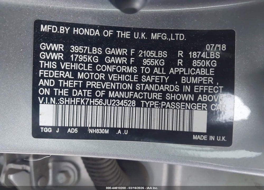 2018 HONDA CIVIC EX VIN: SHHFK7H56JU234528
