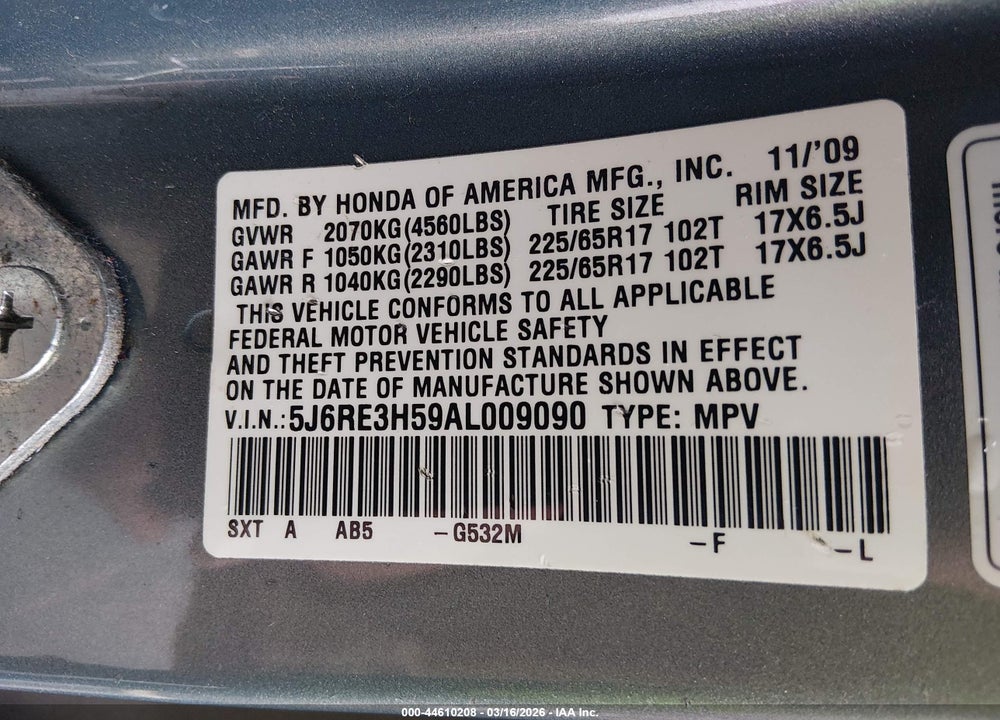 2010 HONDA CR-V EX VIN: 5J6RE3H59AL009090