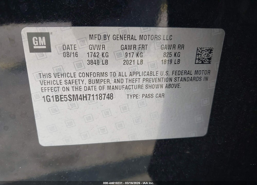 2017 CHEVROLET CRUZE LT AUTO VIN: 1G1BE5SM4H7118748