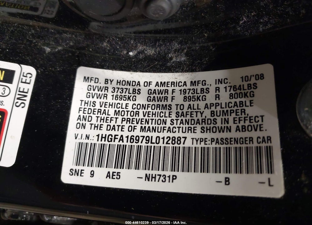 2009 HONDA CIVIC EX-L VIN: 1HGFA16979L012887