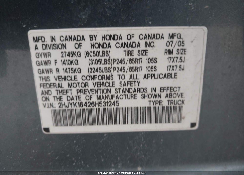 2006 HONDA RIDGELINE RTS VIN: 2HJYK16426H531245