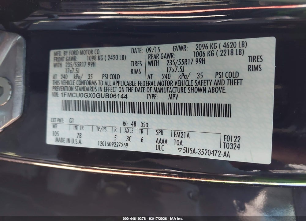 2016 FORD ESCAPE SE VIN: 1FMCU0GX0GUB06144
