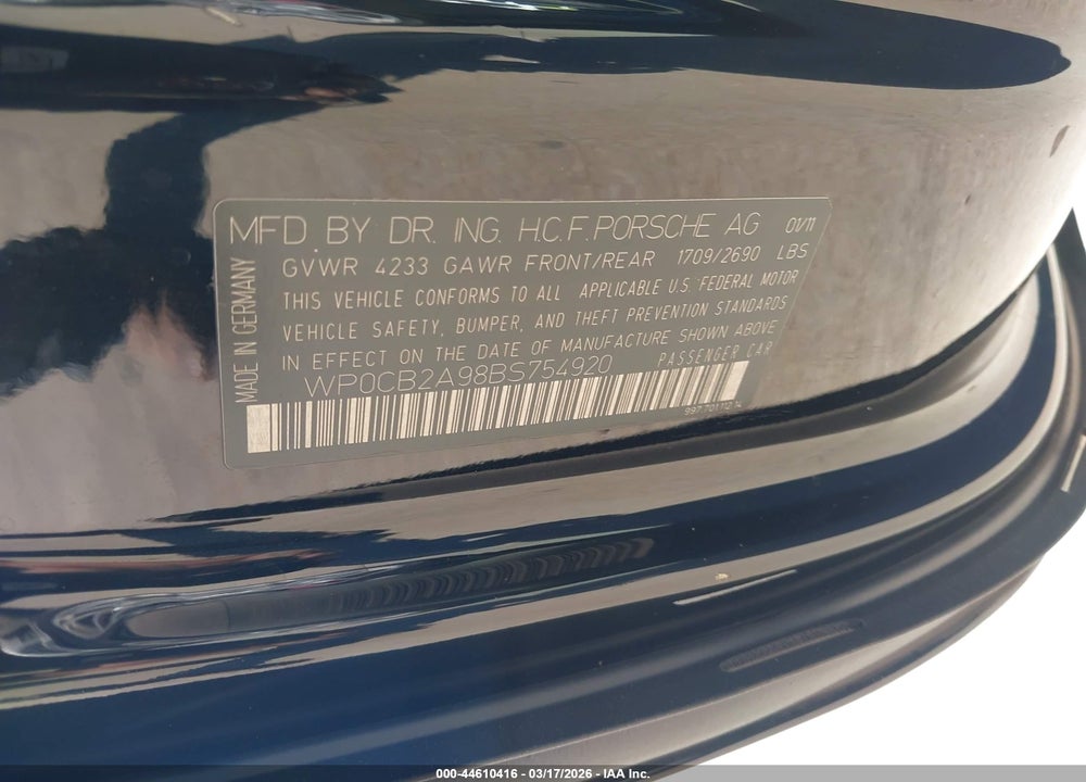 2011 PORSCHE 911 CARRERA S/4S/GTS/SPDSTER VIN: WP0CB2A98BS754920