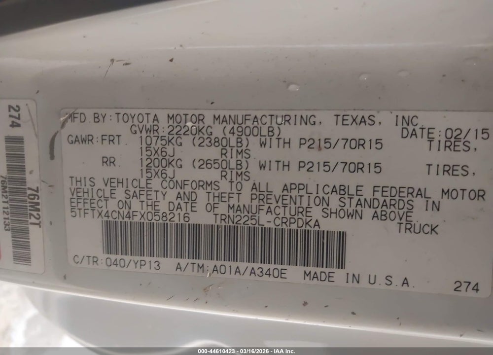 2015 TOYOTA TACOMA VIN: 5TFTX4CN4FX058216