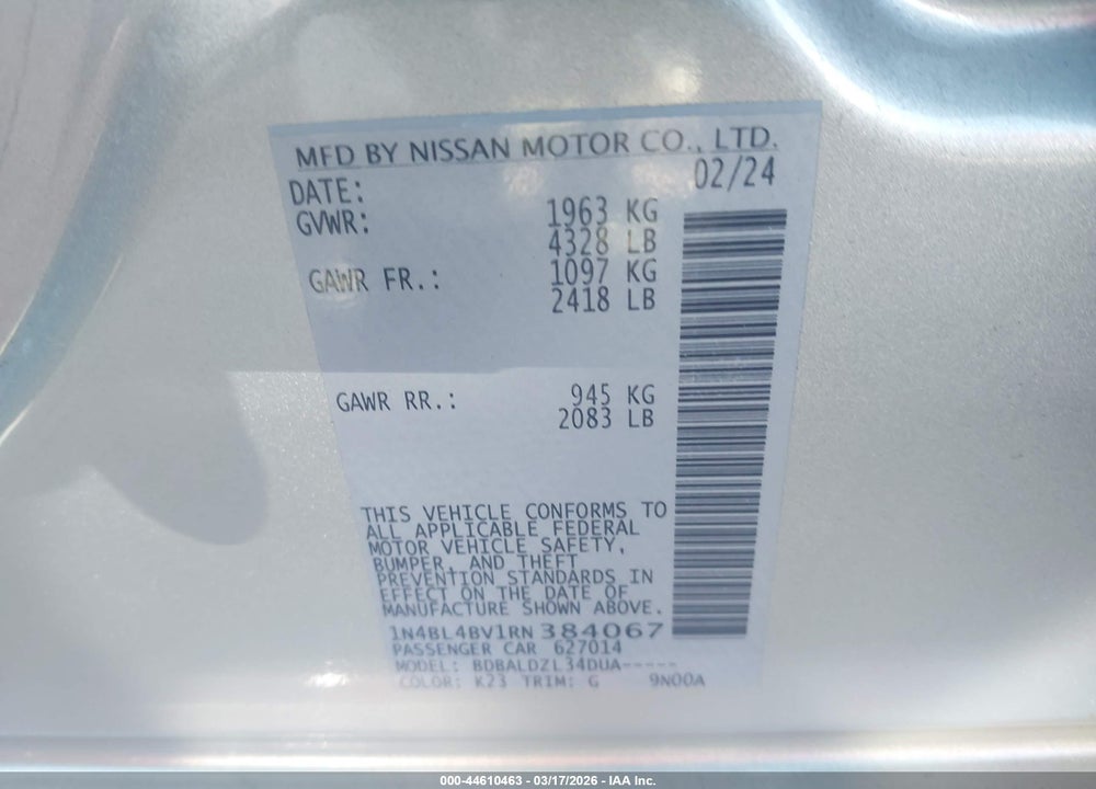 2024 NISSAN ALTIMA S FWD VIN: 1N4BL4BV1RN384067