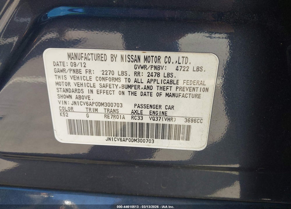 2013 INFINITI G37 JOURNEY VIN: JN1CV6AP0DM300703